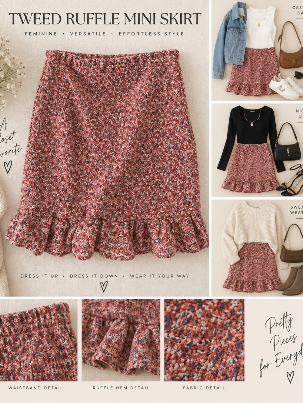 Abercrombie & Fitch Coral Pink Tweed Ruffle-Hem Mini Skirt
